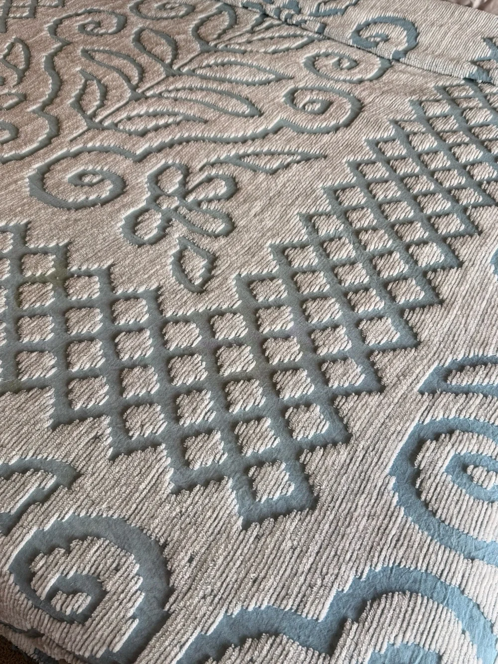 Vintage Montgomery Ward Blue & White Chenille Bedspread Full Fringe Cottagecore